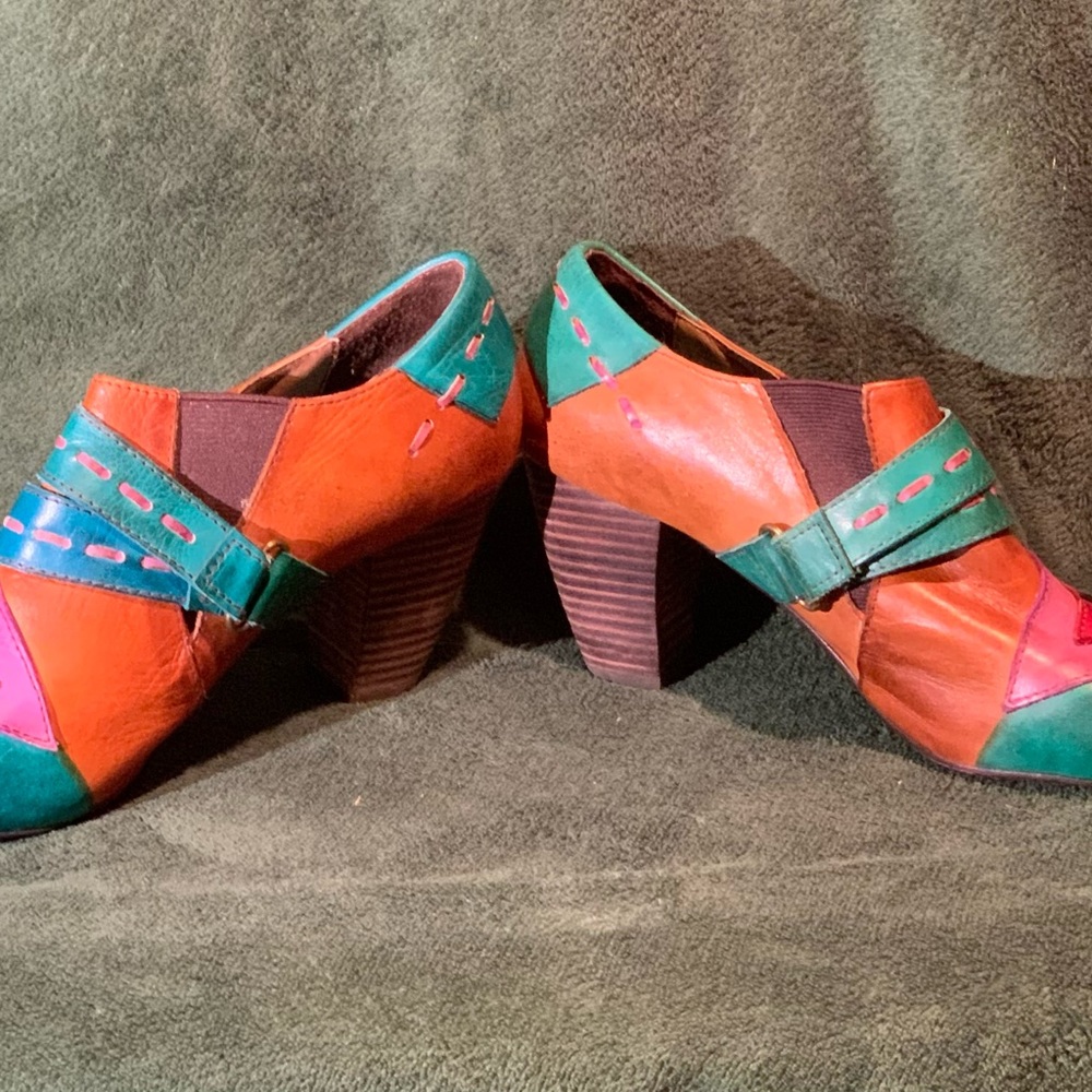 Elite by Corky Sz 10 NWOT multicolored leather 3 inch stacked wood heel - Picture 2 of 8